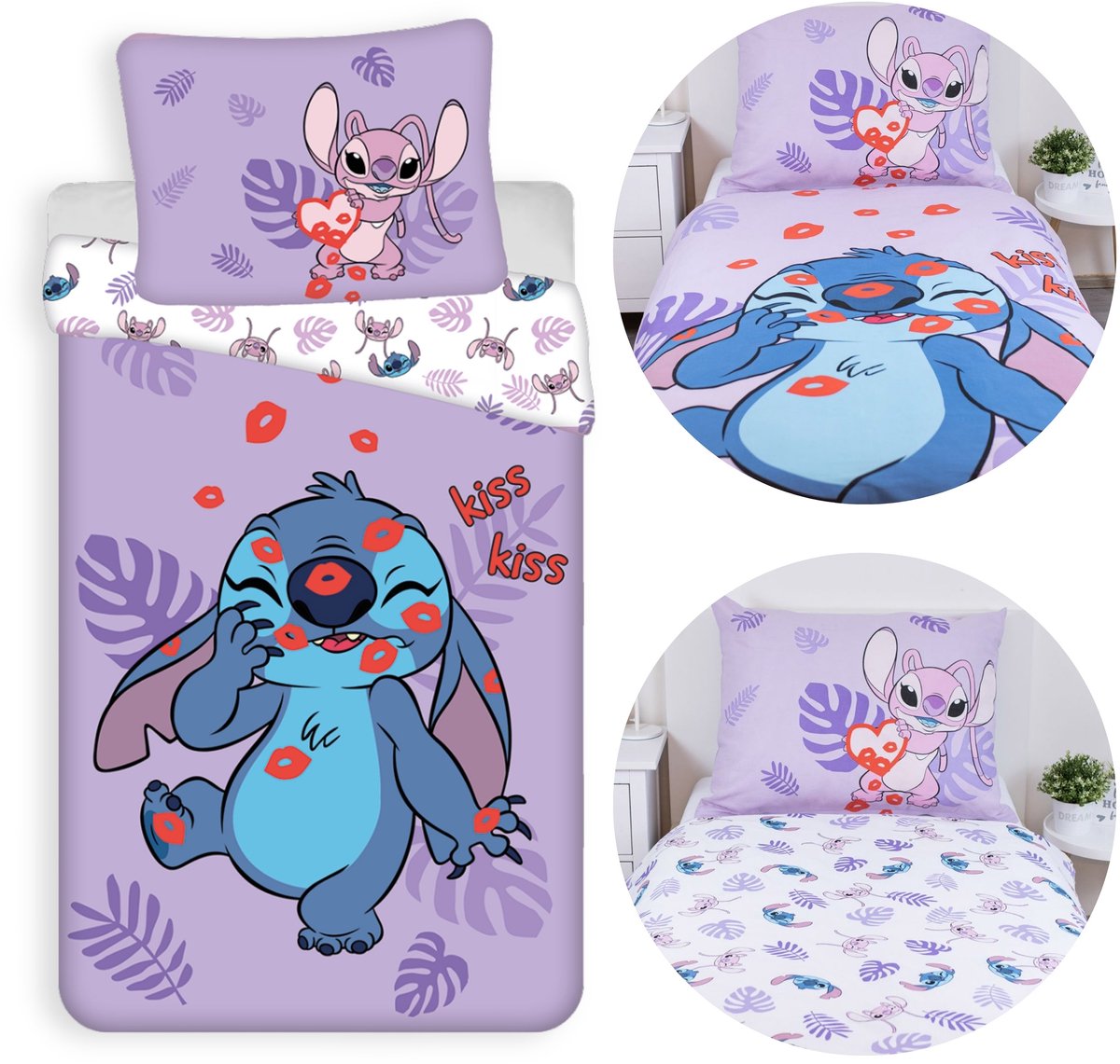 DISNEY Stitch Paars-wit DUBBELZIJDIG, katoenen kinderbeddengoed met ritssluiting, 100% KATOEN 140x200cm+70x90cm OEKO-TEX
