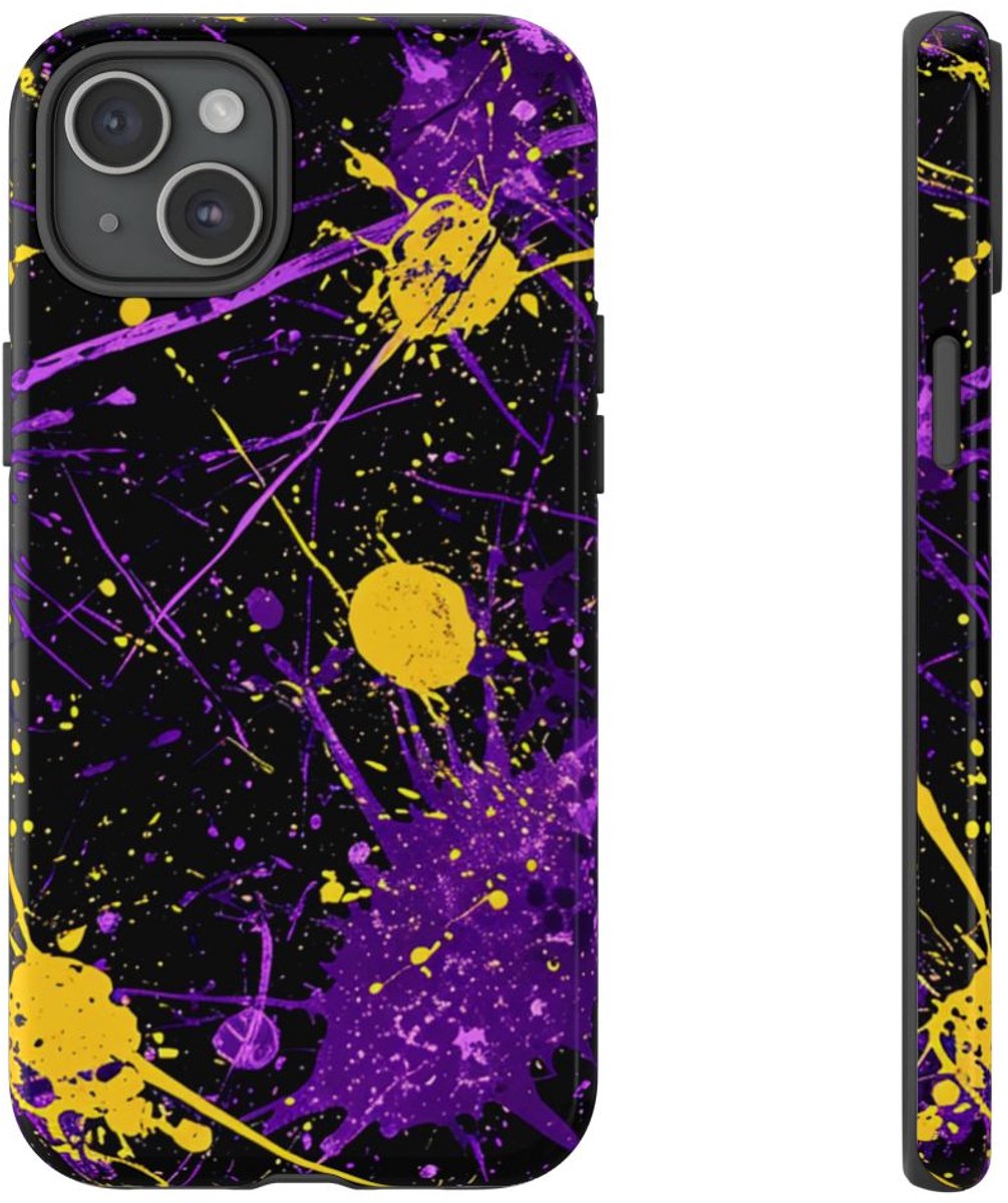 Paarse en Gele Verfspatten Abstract – Telefoonhoesje Geschikt voor iPhone 15 Plus