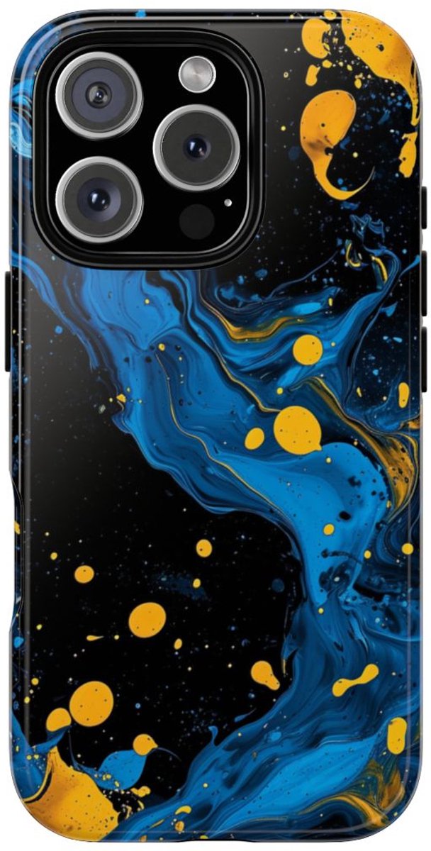 Blauwe en Gele Verfspatten Abstract – Telefoonhoesje Geschikt voor iPhone 16 Pro