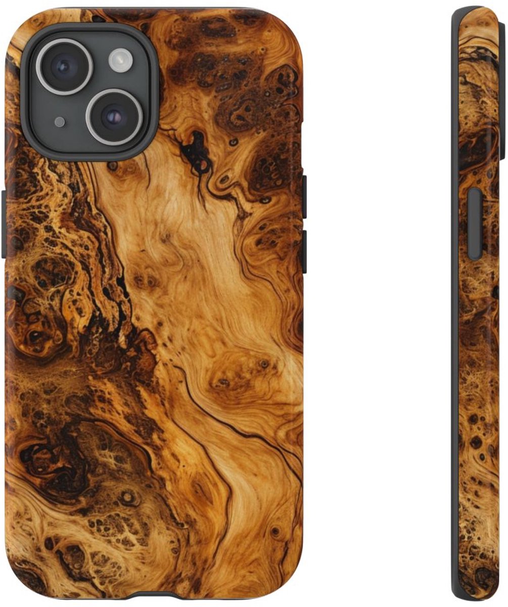 Luxe Burlhoutstructuur met Glanzende Afwerking – Telefoonhoesje Geschikt voor iPhone 15