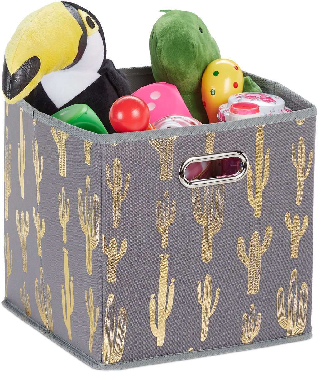 4x stoffen opbergmand - cactus print - grijze opbergdoos vierkant - slaapkamer
