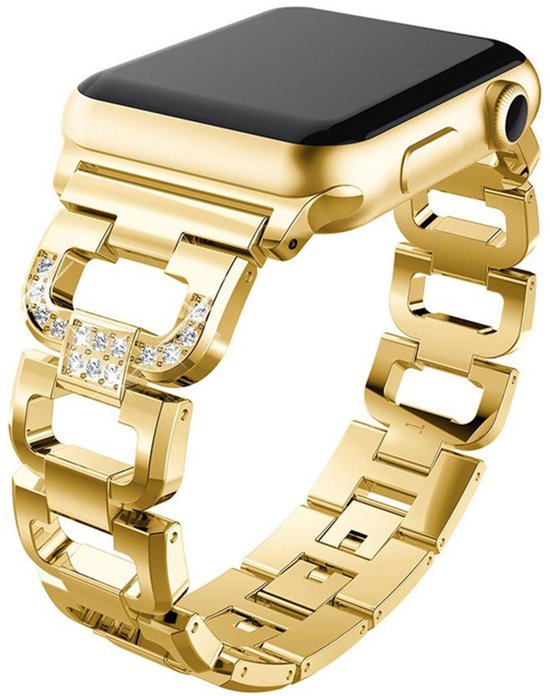 Bracelet en acier inoxydable orné de strass - compatible avec Apple Watch Series 1/2/3/4/5/6/7/8/9/10/11/SE (1, 2, 3) de 38 mm, 40 mm, 41 mm et 42 mm (Apple Watch Series 10/11) - bracelet en acier avec fermoir à cliquet - doré