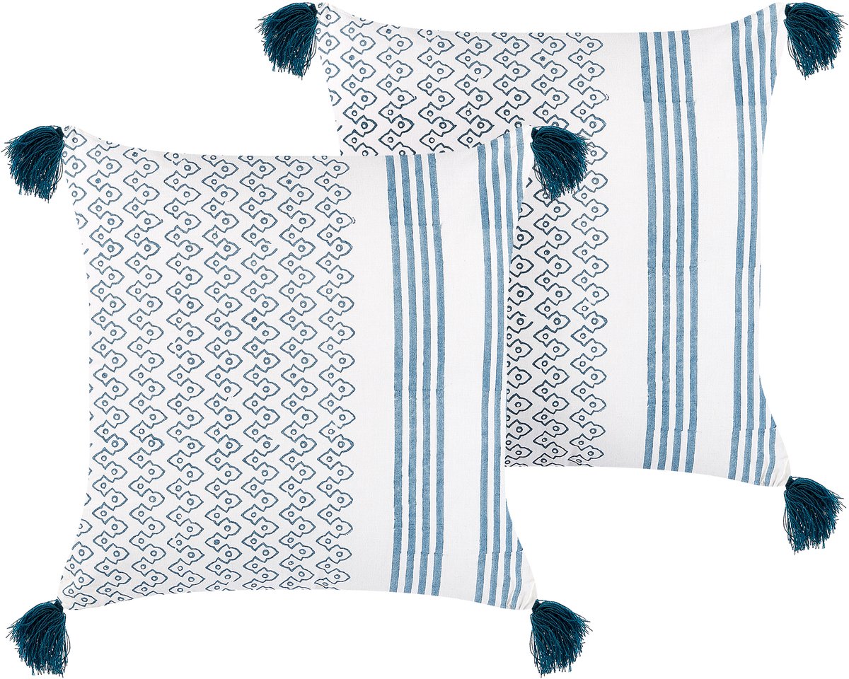 Beliani TILIA - Sierkussen set van 2 - Donkerblauw - 45 x 45 cm - Katoen Wit