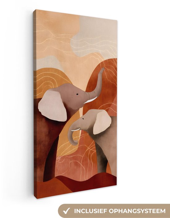 Abstract schilderij van twee olifanten met golvende lijnen en aardetinten. Inclusief ophangsysteem. Deels in beeld: houten frame.
