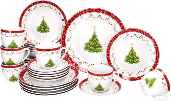Set van 6 dinerborden, sneeuwvlokken en dennenboom, Kerstmis, voor 6