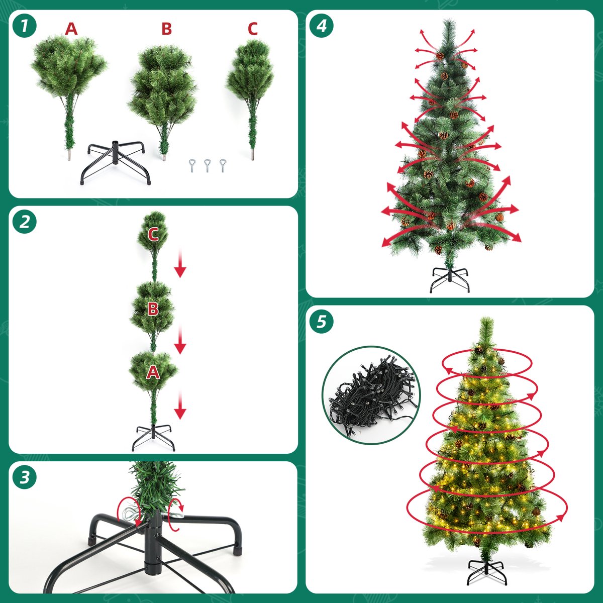 Aigostar 10BZQ - Kunstkerstboom met LED Verlichting - Kerstboom - 180 CM - 300 LED-licht - Kerstboom - Metalen standaard - Groene – foto 3
