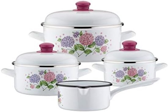 Ensemble de 4 casseroles blanches en émail avec couvercles, décorées d'hortensias roses, violets et bleus. Comprend une petite casserole blanche avec poignée.
