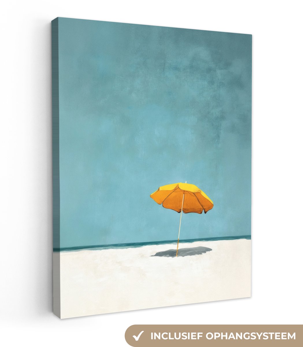 Canvas schilderij 60x80 cm - Exclusieve wanddecoratie Parasol - Geel - Strand - Zee - Muur