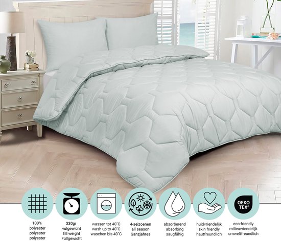 Couette 2-en-1 gris clair avec surpiqûre hexagonale sur un lit, avec des infographies sur le matériau et l'entretien.