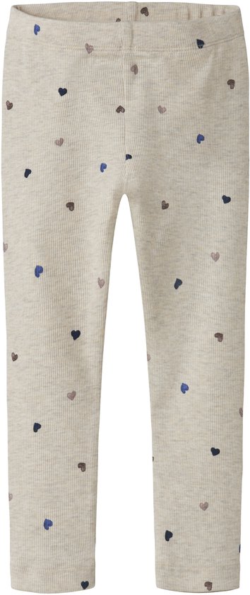 Crèmekleurige legging met all-over hartjesprint in blauw en bruin, ribbelstof.
