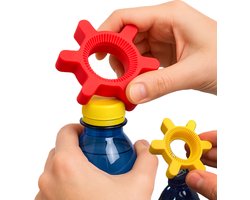 Handmatige Flesopener met Draaisysteem – Gele & Oranje Plastic Dopopener | Ergonomisch Handvat | Compact & Duurzaam Keukengerei | Voor Flessen & Blikjes – 7 cm Ø