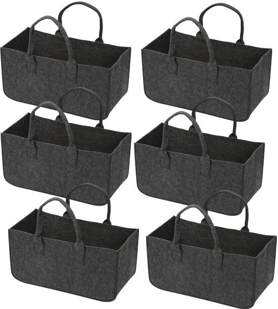 Zes donkergrijze vilten manden met handvatten, 50x25x25cm.