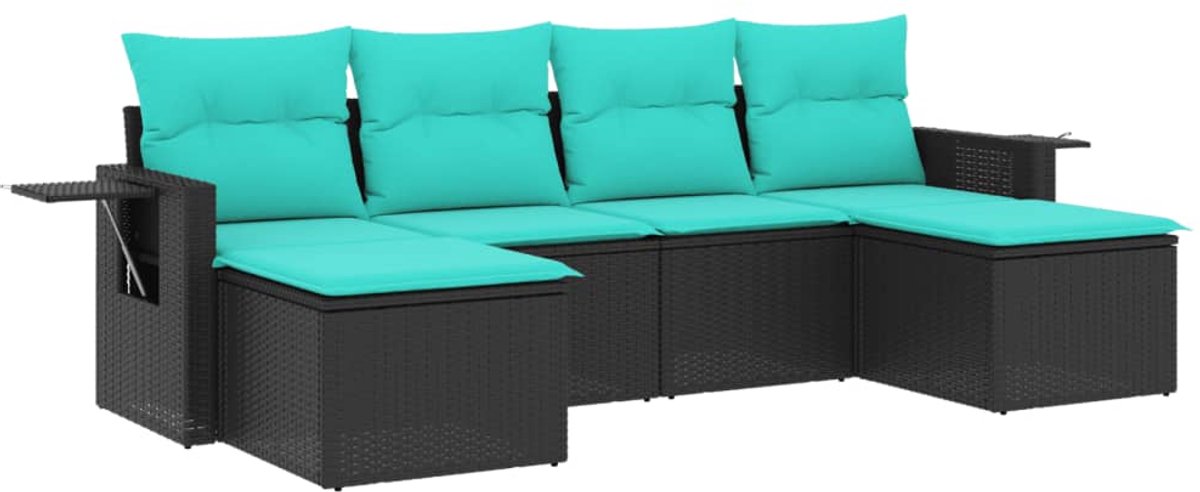 vidaXL - 6-delige - tuinbankset - met - kussens - van - zwart - polyrotan