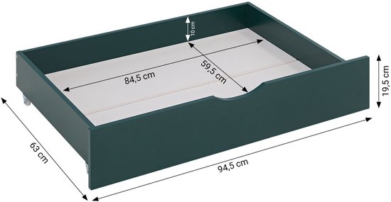 Afmetingen van de groene lade voor het kinderbed: 94,5 x 63 x 19,5 cm.