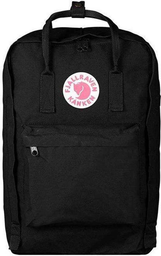 Zwarte Fjällräven Kånken rugzak met rond logo en voorvak met rits.