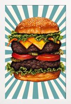 JUNIQE - Poster in houten lijst Double Cheeseburger -30x45 /Blauw &