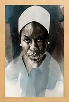 JUNIQE - Poster met houten lijst Nina Simone -13x18 /Blauw & Grijs