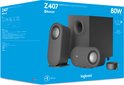 Verpakking van de Logitech Z407 speakers met Bluetooth, 80W en de set met twee speakers en subwoofer.