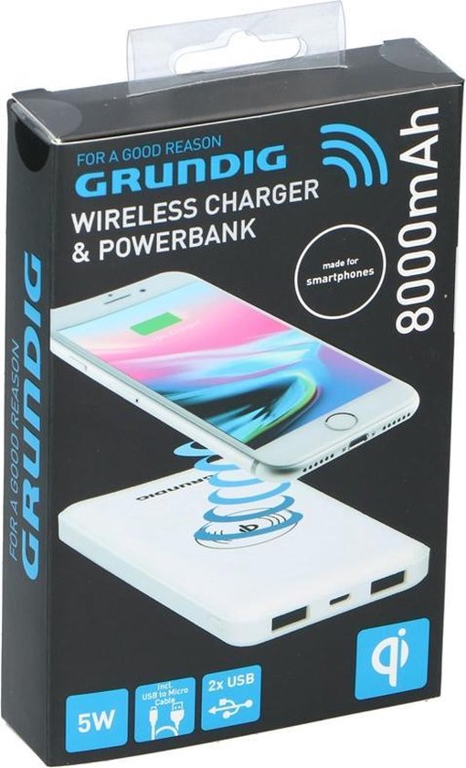 Grundig - Draadloze oplader en 8000 mAh powerbank 2-in-1 | bol.com