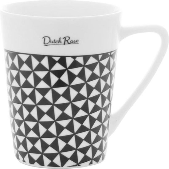 Witte mok met geometrisch zwart-wit driehoekpatroon en "Dutch Rose" logo.