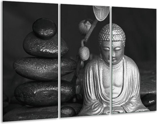 GroepArt - Schilderij -  Boeddha, Stenen - Zwart, Wit, Grijs - 120x80cm 3Luik - 6000+ Schilderijen 0p Canvas Art Collectie
