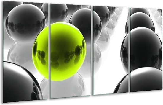 GroepArt - Glasschilderij - Ballen - Zwart, Wit, Groen - 160x80cm 4Luik - Foto Op Glas - Geen Acrylglas Schilderij - 6000+ Glasschilderijen Collectie - Wanddecoratie