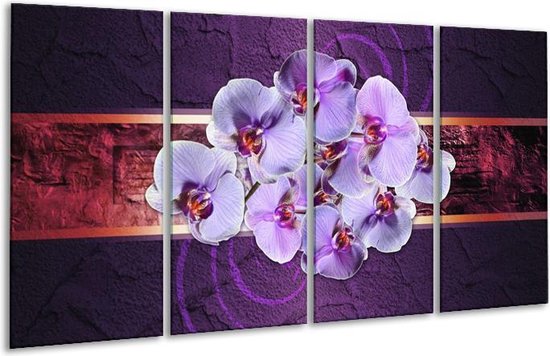GroepArt - Glasschilderij - Orchidee - Paars - 160x80cm 4Luik - Foto Op Glas - Geen Acrylglas Schilderij - 6000+ Glasschilderijen Collectie - Wanddecoratie