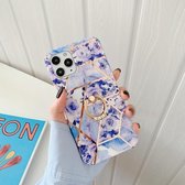 Plating Splicing Pattern Soft TPU beschermhoes met standaard Ringhouder voor iPhone 12 Mini (stiksels blauwe bloemen)