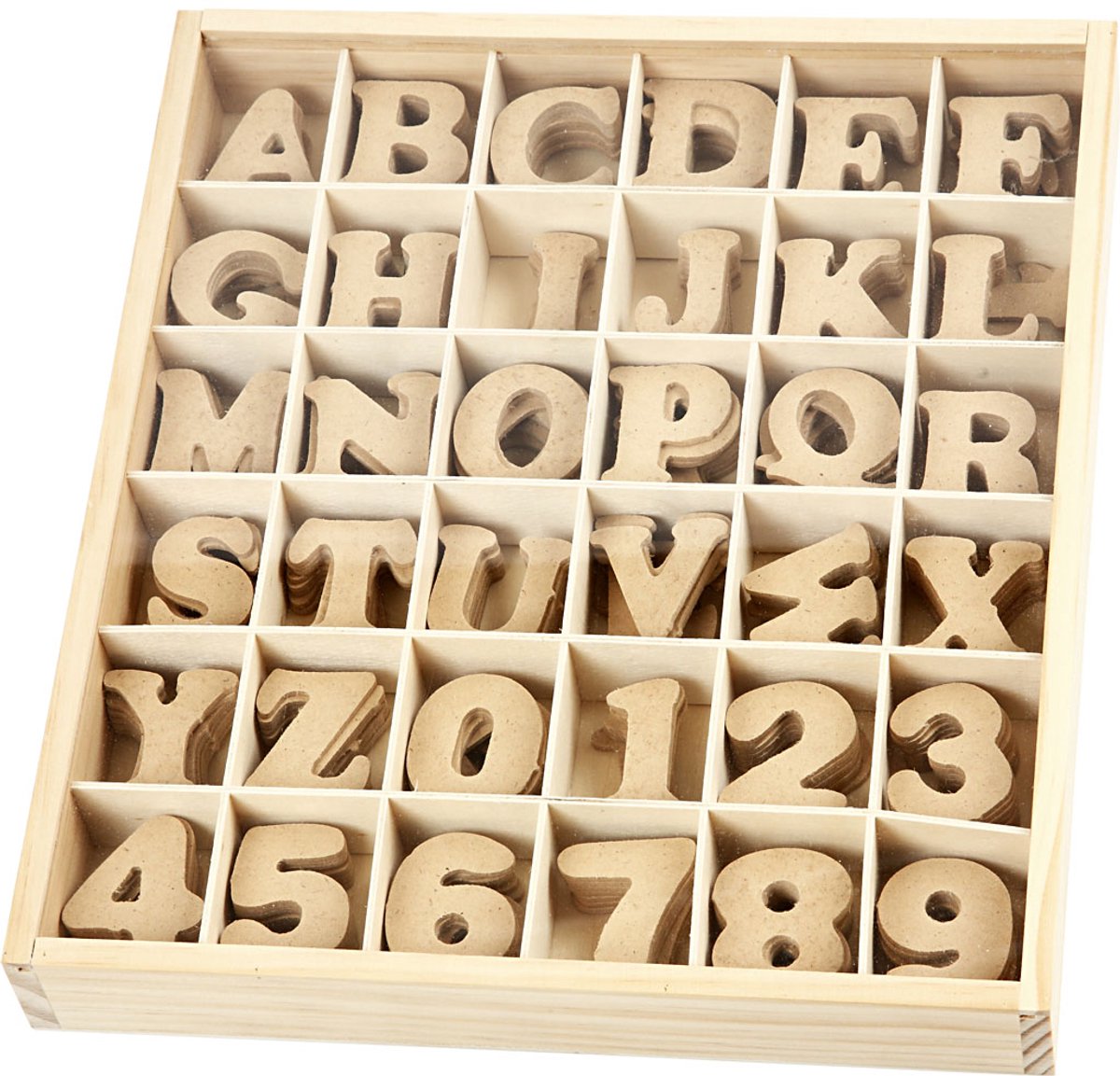 Houten letters & cijfers, H: 4 cm, dikte 2,5 mm, 288 stuk/ 1 doos