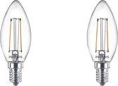 PHILIPS - LED Lamp Filament - Set 2 Stuks - Classic LEDCandle 827 B35 CL - E14 Fitting - 2W - Warm Wit 2700K | Vervangt 25W