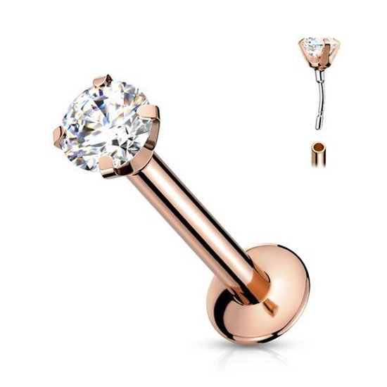 Piercing push in - rose avec pierre ronde CZ blanche 1X8