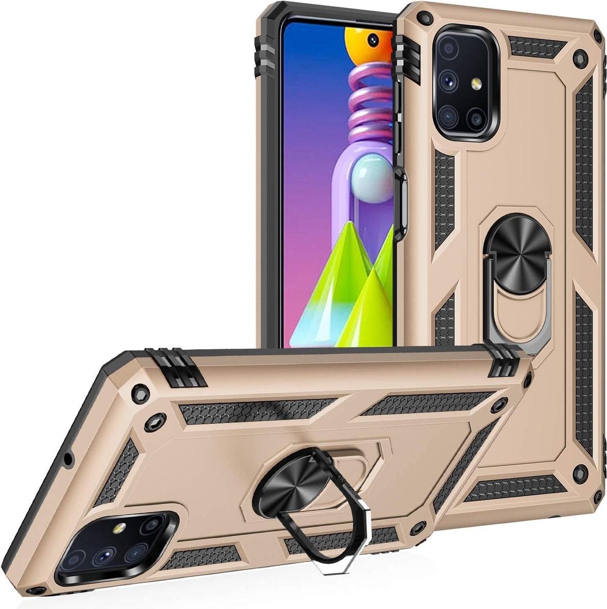 Anti-Shock Hybrid Ring Armor Hoesje Geschikt voor: Samsung Galaxy M51 - goud