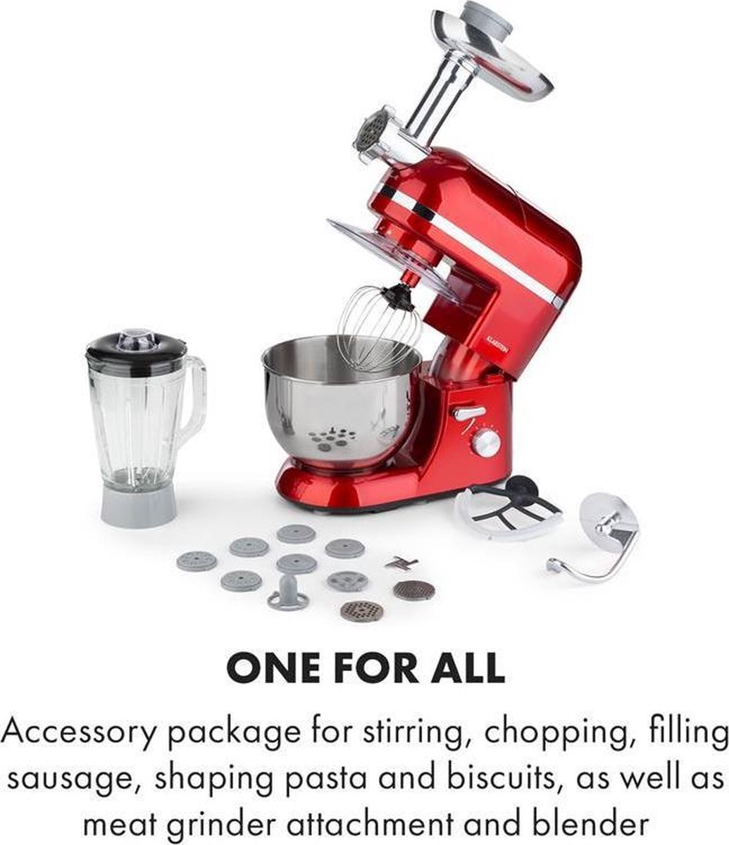 Klarstein staande mixer/foodprocessor met vleesmolen, 1800W, kleine deegmixer, 6 snelheden, garde, meng- en deeghaak, planetaire mengbeweging, staande mixer met blender, foodprocessor met 5L kom — afbeelding 6