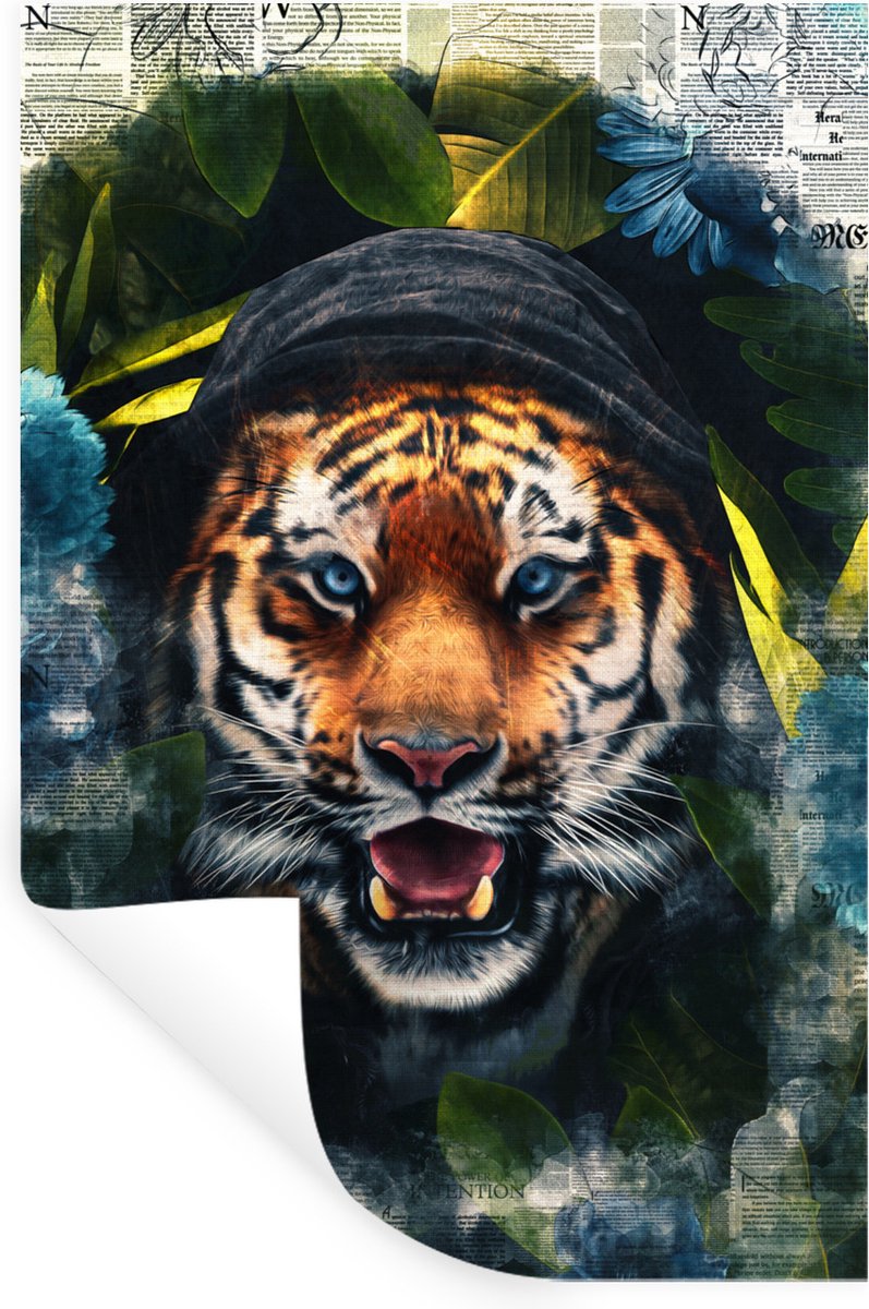 Muurstickers - Sticker Folie - Tijger - Krant - Bloemen - 80x120 cm - Plakfolie - Muurstic