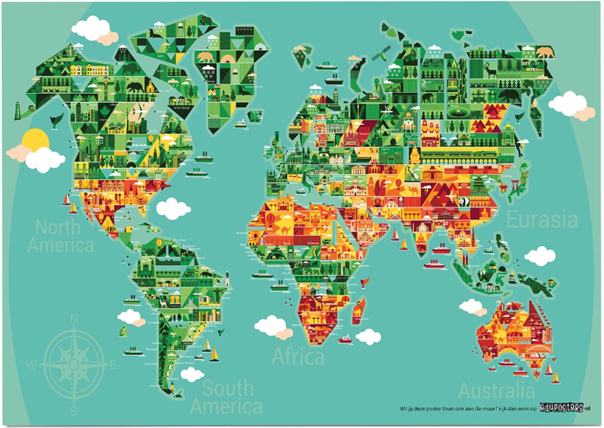 eduposters Educatieve poster (Posterpapier) - Topografie wereld onze steden - 59.4 x 42 cm (A2) Geel