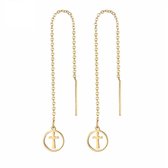Aramat jewels ® - Doortrek oorbellen met kettinkje rond met kruisje goudkleurig staal 9cm