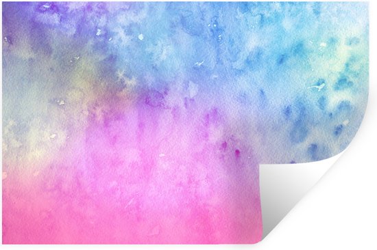 Muursticker Aquarelle Abstraite - Oeuvre abstraite réalisée à l'aquarelle et rose avec des couleurs bleu et jaune - 30x20 cm - film adhésif autocollant - sticker mural repositionnable