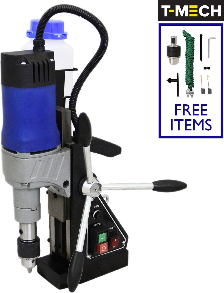 T-Mech Magnetische Boor Pers Machine - boormachine - 230 volt - magnetische basis - gratis snijderadapter boorhouder en sleutel - ideaal voor grote en kleine projecten -
