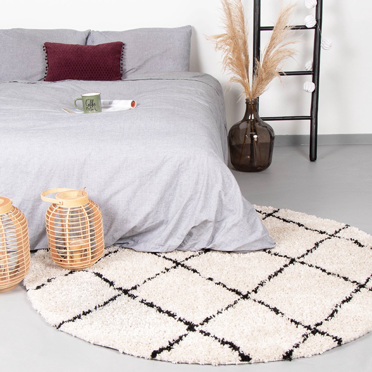 Fraai Rond hoogpolig vloerkleed - Grand Lines Creme/Zwart - Ø 180cm