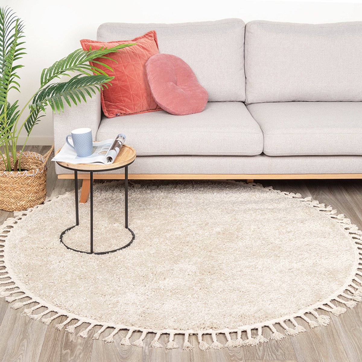 NATURL. Rond hoogpolig vloerkleed - Lofty Fringe Creme/Wit - Ø 150cm