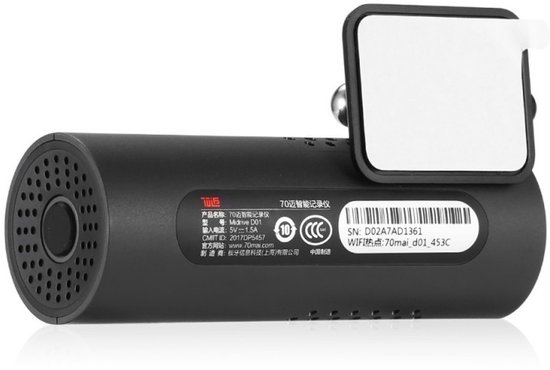 Zwarte 70Mai dashcam met sticker, luidsprekergaten en productinformatie.