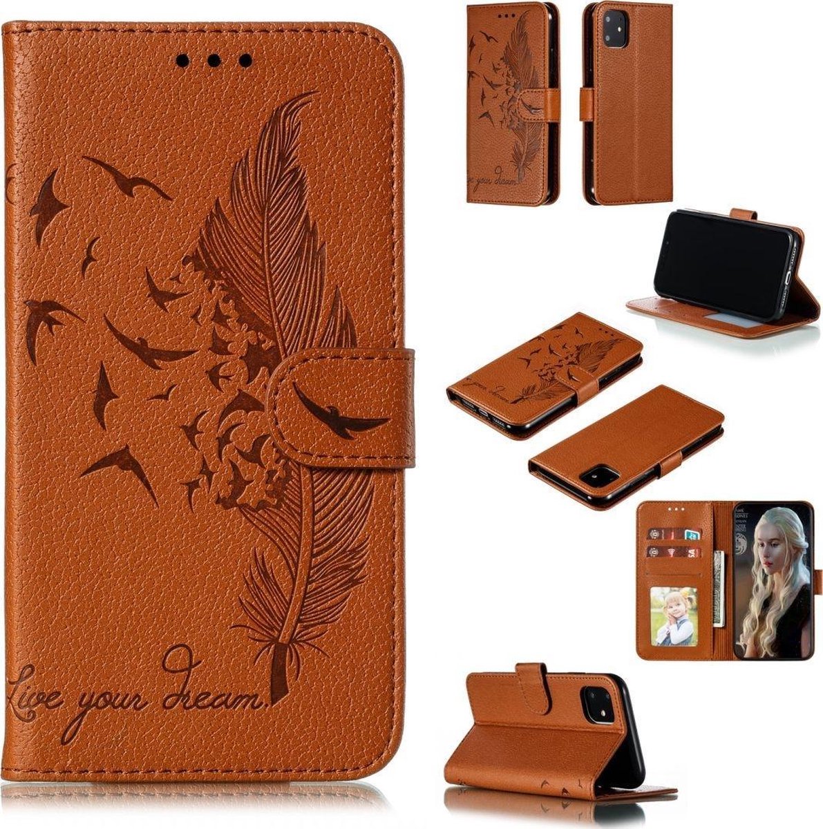 Mobigear Telefoonhoesje geschikt voor Apple iPhone 11 Hoesje | Mobigear Feather Bookcase Portemonnee | Pasjeshouder voor 3 Pasjes | Telefoonhoesje voor Pinpas / OV Kaart / Rijbewijs - Bruin