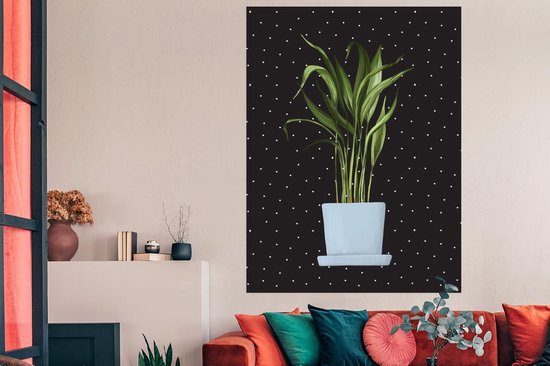 Illustration d'une plant aux longues feuilles fines sur fond noir à pois blancs 120x180 cm XXL / Groot format!