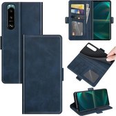 Voor Sony Xperia 5 III Dual-side Magnetische Gesp Horizontale Flip Lederen Case met Houder & Kaartsleuven & Portemonnee (Donkerblauw)