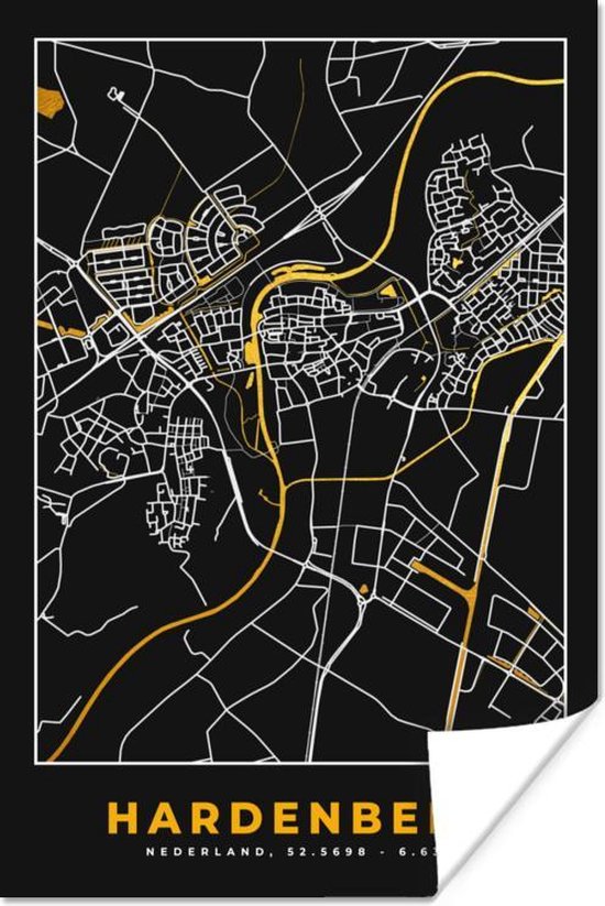 Poster Plattegrond - Hardenberg - Goud - Zwart - 60x90 cm - Stadskaart