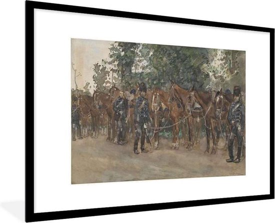 Fotolijst incl. Poster - Huzaren staande naast hun paarden langs de kant van de weg - Schilderij van George Hendrik Breitner - 120x80 cm - Posterlijst