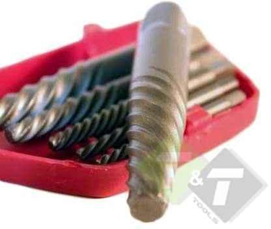 Linkse tapset met verschillende maten spiraalvormige extractors in een rode houder.