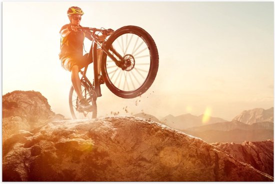 Poster – Mountainbiker in de Bergen - 120x80cm Foto op Posterpapier