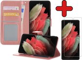 Samsung S21 Ultra Hoesje Book Case Met Screenprotector - Samsung Galaxy S21 Ultra Hoesje Wallet Case Portemonnee Hoes Cover - rose Goud