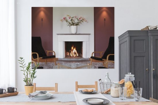 Une cheminée dans un salon 160x120 cm - Tirage photo sur toile (Décoration murale salon / chambre) XXL / Grand format!